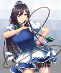 Rule 34 | 1girl, absurdres, apron, black hair, breasts, closed mouth, commentary request, cosplay, cowboy shot, dagger, dress, frilled dress, frills, hand on own hip, highres, holding, holding dagger, holding knife, holding weapon, idolmaster, idolmaster shiny colors, izayoi sakuya, izayoi sakuya (cosplay), knife, knife sheath, knife sheath, large breasts, long hair, looking at viewer, maid, maid apron, maid headdress, name connection, ponytail, sheath, shirase sakuya, short dress, solo, taityon, watch, weapon, yellow eyes