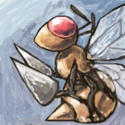Rule 34 | antennae, bee, beedrill, blue background, bug, commentary, creatures (company), drill, english commentary, game freak, gen 1 pokemon, insect, looking up, nintendo, no humans, pink eyes, pokemon, pokemon (creature), sailorclef, solo, stinger, wings