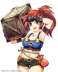Rule 34 | arm up, armband, armpits, blue eyes, box, breasts, cleavage, gloves, long hair, midriff, navel, original, ponytail, pouch, red hair, rope, shorts, suoni (deeperocean), wiping forehead