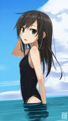 Rule 34 | 10s, 1girl, asashio (kancolle), bad id, bad pixiv id, black hair, blue eyes, cloud, day, highres, kantai collection, long hair, ocean, one-piece swimsuit, open mouth, school swimsuit, sky, solo, swimsuit, water, yopan danshaku