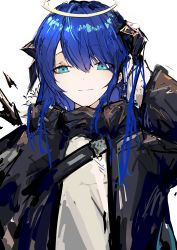 Rule 34 | 1girl, absurdres, aqua eyes, arknights, black gloves, black jacket, blue hair, demon horns, detached wings, fur trim, gloves, halo, highres, horns, jacket, lch, long hair, long sleeves, looking at viewer, mostima (arknights), open clothes, shirt, simple background, smile, solo, white background, white shirt, wings