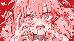 Rule 34 | blush, heart, heart-shaped pupils, highres, itoshiki eru, looking at viewer, nails, original, phone, pink hair, red background, red eyes, symbol-shaped pupils, yandere