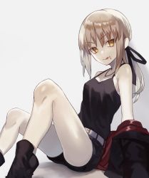 Rule 34 | 1girl, :q, artoria pendragon (all), artoria pendragon (fate), belt, belt buckle, black footwear, black ribbon, black shirt, black shorts, blonde hair, boots, breasts, buckle, cleavage, fate/stay night, fate (series), food, food on face, grey background, grey belt, hair between eyes, hair ribbon, highres, jewelry, long hair, looking at viewer, low ponytail, miyama ramune, necklace, official alternate costume, ribbon, saber alter, saber alter (ver. shinjuku 1999) (fate), shirt, short shorts, shorts, simple background, sitting, sleeveless, sleeveless shirt, small breasts, solo, tongue, tongue out, yellow eyes