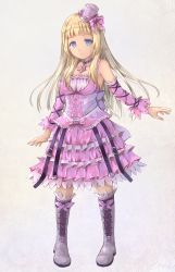 Rule 34 | 1girl, :3, absurdres, aura kingdom, blonde hair, blue eyes, blush, boots, bow, closed mouth, commentary, commission, detached sleeves, dress, english commentary, frilled dress, frills, full body, grey background, grey footwear, grey hat, hat, hat bow, highres, hikari niji, layered dress, long hair, long sleeves, looking at viewer, mini hat, mini top hat, pigeon-toed, pink bow, pink dress, pink sleeves, simple background, slit pupils, solo, standing, tilted headwear, top hat, very long hair
