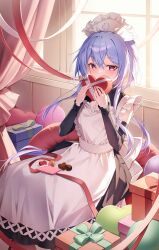 Rule 34 | 1boy, absurdres, alternate costume, apron, arknights, black dress, black sleeves, blue hair, chocolate, commentary, covering own mouth, crossdressing, curtains, detached sleeves, dress, enmaided, food, gift, heart, heart-shaped pillow, highres, indoors, long hair, looking at viewer, maid, maid headdress, male focus, mizuki (arknights), pillow, pink eyes, red ribbon, ribbon, sleeveless, sleeveless dress, solo, ugwa, white apron, window