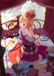 Rule 34 | 1girl, ascot, bare back, bed, blonde hair, blood, book, bottle, crown, crystal, cup, curtains, drinking glass, flandre scarlet, igayan, laevatein, long hair, red eyes, side ponytail, sitting, unworn socks, solo, spill, stuffed animal, stuffed toy, teddy bear, touhou, wariza, wine bottle, wine glass, wings
