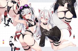 1girl adjusting_eyewear ahoge animal_ears arm_up armpits ass bare_arms bare_shoulders barefoot belt bent_over bikini black_bikini black_choker black_gloves black_panties black_shirt breast_zipper breasts cat_ears cat_girl cat_tail chain choker clothes_lift crotch_zipper fangs fingerless_gloves fox_ears fox_girl fox_tail gloves gluteal_fold goggles goggles_on_head gradient_hair hand_on_eyewear hand_up highres leaning_forward lifting_own_clothes long_hair long_sleeves looking_at_viewer loose_belt loose_clothes loose_shirt median_furrow medium_breasts multi-strapped_bikini_top multicolored_hair multiple_views navel nibiiro_shizuka off_shoulder open_mouth original panties red_eyes red_hair shirt shirt_lift side-tie_bikini_bottom smile spread_legs stomach streaked_hair string_bikini sweat swimsuit tail thigh_belt thigh_strap thighs twintails twisted_torso two-tone_hair underwear v-shaped_eyebrows very_long_hair w white_hair zipper