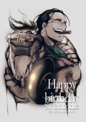 Rule 34 | 1boy, alligator, ascot, black hair, cigar, collared shirt, crocodile (one piece), crocodilian, cropped torso, geokinesis, hair slicked back, happy birthday, highres, laughing, looking at viewer, looking to the side, male focus, mature male, mt pie, one piece, pointing, pointing at viewer, pointing weapon, sand, scar, scar on face, scar on nose, shirt, short hair, smoking, solo, stitches