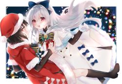 Rule 34 | 2girls, adapted costume, alternate costume, bell, black hair, bodystocking, boots, bow, bowtie, capelet, caws (120 winter gifts) (girls&#039; frontline), caws (girls&#039; frontline), christmas, coat, commentary request, dutch angle, eyelashes, fur-trimmed capelet, fur-trimmed coat, fur-trimmed sleeves, fur collar, fur trim, gift, girls&#039; frontline, grey hair, hair bow, hat, highres, holding, holding gift, ichigota ruto, knee boots, lights, long hair, long sleeves, looking at another, multiple girls, night, official alternate costume, open mouth, pantyhose, red eyes, santa costume, santa hat, short hair, smile, striped, striped bow, tokarev (girls&#039; frontline), very long hair, white coat, yellow eyes
