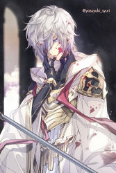 Rule 34 | 1boy, arch, armor, black gloves, black shirt, blood, blood in hair, blood on clothes, blood on face, blue eyes, closed mouth, copyright notice, cowboy shot, evil smile, gloves, gold trim, granblue fantasy, hair over one eye, hand on own face, highres, holding, holding polearm, holding weapon, looking at viewer, lucilius (granblue fantasy), male focus, polearm, robe, shirt, short hair, shoulder armor, shuri yasuyuki, smile, solo, stole, turtleneck, vambraces, weapon, white hair, white robe, wide sleeves