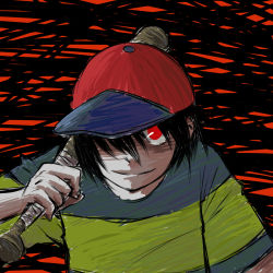 Rule 34 | 1boy, baseball bat, child, hair over one eye, hat, male focus, mother (game), mother 2, ness (mother 2), nintendo, ogatarou51, red eyes, shirt, solo, striped clothes, striped shirt