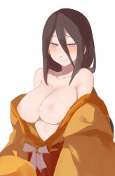 Rule 34 | 10s, 1girl, bad id, bad pixiv id, bare shoulders, black hair, blush, boruto: naruto next generations, breasts, cleavage, collarbone, female focus, hair between eyes, hyuuga hanabi, japanese clothes, kimono, large breasts, long hair, looking at viewer, naruto, naruto (series), nipples, no bra, obi, off shoulder, open clothes, purple eyes, sash, simple background, smile, solo, undressing, upper body, white background, yostxxx