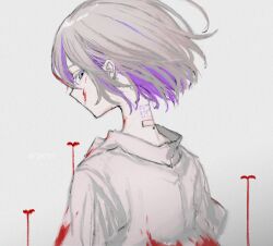 Rule 34 | 1girl, blood, blood on clothes, blood on face, character request, collared shirt, colored inner hair, empty eyes, english text, film grain, floating hair, from behind, grey hair, highres, looking back, msb (a47630968), multicolored hair, number tattoo, original, subdermal port, purple eyes, purple hair, segment display, shirt, short hair, solo, sprout, tattoo, upper body, white background, white shirt, wind, wind lift