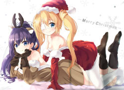 Rule 34 | 2girls, all fours, animal costume, animal ears, antlers, backless dress, backless outfit, black hairband, black legwear, blonde hair, blue eyes, breasts, brown dress, brown gloves, cleavage, closed mouth, deer ears, dress, elbow gloves, eyepatch, fake animal ears, fake antlers, floating hair, fur-trimmed dress, fur-trimmed gloves, fur-trimmed headwear, fur trim, gloves, hair between eyes, hair ribbon, hairband, hat, head rest, high ponytail, horns, konohana lucia, legs up, long hair, looking at viewer, lying, merry christmas, multiple girls, nakatsu shizuru, on stomach, pantyhose, pleated dress, purple hair, red dress, red gloves, red headwear, reindeer antlers, reindeer costume, rewrite, ribbon, santa costume, santa hat, short dress, simple background, sleeveless, sleeveless dress, small breasts, smile, strapless, strapless dress, tagame (tagamecat), twintails, very long hair, white background, white legwear, white ribbon