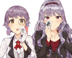 Rule 34 | 2girls, :o, absurdres, black jacket, blush, bracelet, card, closed mouth, collared shirt, copyright request, gloves, hand up, highres, holding, idolmaster, idolmaster cinderella girls, jacket, jewelry, long hair, long sleeves, multiple girls, necklace, open mouth, purple eyes, purple hair, red shirt, shijou takane, shirt, short hair, simple background, tuxedo de cat, white background, white gloves, white jacket, wing collar, yellow eyes