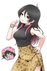 Rule 34 | 2girls, age difference, animal print, armpits, artist request, bare shoulders, black hair, black sweater, blush, bracelet, breasts, child, clenched hands, clenched teeth, closed eyes, earrings, eyelashes, female focus, fingernails, flat chest, gradient hair, gyaru, hair between eyes, hand on own hip, hand up, happy, heart, height difference, highres, idolmaster, idolmaster cinderella girls, idolmaster cinderella girls u149, jewelry, legs, leopard print, lipstick, long fingernails, long hair, long skirt, long twintails, looking at viewer, makeup, matoba risa, matoba risa&#039;s mother, mature female, medium breasts, mother and daughter, multicolored hair, multiple girls, nail polish, namco, neck, necklace, open mouth, parted lips, pendant, pink hair, pink nails, ring, shorts, shorts under skirt, sidelocks, simple background, skirt, sleeveless, sleeveless turtleneck, smile, standing, sweater, teeth, thighs, turtleneck, twintails, two-tone hair, v, very long hair, wedding ring, white background, yellow eyes, zipper pull tab, zipper skirt