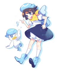 Rule 34 | &gt; o, 1girl, :d, bad id, bad twitter id, black skirt, blue eyes, blue footwear, blue headwear, boots, bright pupils, brown hair, commentary request, creature and personification, creatures (company), finger gun, frills, game freak, hand on own hip, hat, highres, looking down, nintendo, one eye closed, open mouth, personification, pokemon, pokemon (creature), quaxly, shirt, short hair, short sleeves, skirt, smile, socks, tantan (xrvf2288), white legwear, white pupils, white shirt