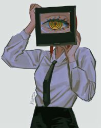 Rule 34 | 1girl, black necktie, black pants, chainsaw man, covering face, highres, looking at viewer, makima (chainsaw man), necktie, pants, ringed eyes, shirt, shirt tucked in, sidelocks, simple background, solo, sudstance, television, white background, white shirt, yellow eyes