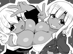 Rule 34 | 2girls, absurdres, breasts, cleavage, greyscale, grin, gyaru, hair ornament, highres, japanese clothes, jashin-chan dropkick, kimono, large breasts, long hair, looking at viewer, monochrome, moyuru pen, multiple girls, open mouth, police, police uniform, policewoman, short hair, simple background, smile, snowflake hair ornament, tachibana mei (jashin-chan dropkick), uniform, v, yusa (jashin-chan dropkick)