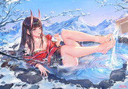 Rule 34 | 1girl, artist name, atdan, azur lane, barefoot, black hair, blue eyes, breasts, candy apple, day, feet, food, hair ornament, hairclip, highres, holding, horns, japanese clothes, kimono, large breasts, legs up, long hair, looking at viewer, mountainous horizon, noshiro (azur lane), noshiro (uncharted festival grounds?) (azur lane), off shoulder, oni horns, open mouth, outdoors, reclining, red kimono, revision, sky, snowing, solo, thighs, branch, water, wet, winter