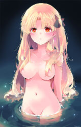 Rule 34 | 1girl, :o, azumi (myameco), black ribbon, blonde hair, breasts, commentary request, completely nude, ereshkigal (fate), fate/grand order, fate (series), hair over breasts, hair ribbon, long hair, medium breasts, nude, partially submerged, red eyes, ribbon, solo, two side up, water, wet