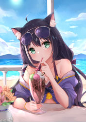 Rule 34 | 1girl, absurdres, ahoge, animal ear fluff, animal ears, bare shoulders, beach, bikini, black hair, blue sky, blush, bow, bracelet, cat ears, cat girl, cloud, collarbone, cup, day, drinking glass, drinking straw, eyewear on head, green eyes, hair between eyes, hair bow, hair ribbon, highres, jewelry, karyl (princess connect!), karyl (summer) (princess connect!), long hair, looking at viewer, low twintails, mountain, multicolored hair, ocean, off shoulder, outdoors, princess connect!, purple bow, purple ribbon, ribbon, sitting, sky, solo, streaked hair, sunglasses, sunglasses on head, swimsuit, table, to naive, twintails, very long hair, water, white hair
