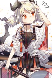 Rule 34 | 1girl, ?, ??, arknights, arm up, black choker, black dress, black horns, blonde hair, chinese commentary, choker, closed mouth, collarbone, commentary request, cowboy shot, cuicuijiao, dress, feather choker, flamethrower, grey cloak, highres, holding, holding weapon, horns, ifrit (arknights), leg strap, orange eyes, rhine lab logo, scratching head, short dress, short twintails, solo, sparks, striped clothes, striped dress, tail, thigh strap, twintails, v-shaped eyebrows, weapon, white background, yellow pupils