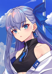 Rule 34 | 1girl, :o, blue eyes, breasts, fate/extra, fate/extra ccc, fate/grand order, fate (series), hoodier, long hair, looking at viewer, meltryllis (fate), off shoulder, open clothes, purple hair, sleeveless, sleeveless turtleneck, small breasts, solo, turtleneck, upper body