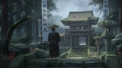 Rule 34 | 1boy, bad id, bad pixiv id, banner, building, cloud, cloudy sky, day, forest, from behind, full body, gate, hat, highres, japanese clothes, katana, kimono, male focus, mikado (winters), nature, nobori, original, outdoors, rice hat, rock, samurai, scenery, sheath, sheathed, sky, solo, stairs, standing, sword, tree, wall, weapon, wide shot