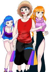 Rule 34 | 1boy, 2girls, bag, black pantyhose, blue hair, breasts, hat, large breasts, long hair, long legs, monkey d. luffy, multiple girls, nami (one piece), nefertari vivi, one piece, orange hair, pantyhose, red shirt, revealing clothes, shirt, shopping bag, shorts, smile, straw hat, thighhighs, thighs, upper body, white background
