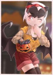 Rule 34 | 1girl, absurdres, animal ears, bat ears, bat girl, bat wings, belt, black belt, black hair, black thighhighs, blush, bow, collarbone, cookie, cowboy shot, daito fruit bat (kemono friends), extra ears, finger in own mouth, food, grey hair, hair bow, halloween, halloween bucket, highres, jewelry, kemono friends, long sleeves, multicolored hair, necklace, one eye closed, plaid, plaid shirt, red bow, red eyes, red shorts, shirt, short hair, short sleeves, shorts, solo, sweater, thighhighs, toriny, white hair, wings, yellow shirt, yellow sweater