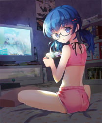 Rule 34 | 1girl, blue eyes, blue hair, controller, crop top, from behind, frown, game console, game controller, glasses, hair ornament, hairclip, indoors, looking back, matching hair/eyes, midriff, mintchoco (orange shabette), moriah saga, official art, pillow, poster (object), room, short shorts, short twintails, shorts, sitting, solo, speaker, television, thighs, twintails, wii, wireless, xbox 360