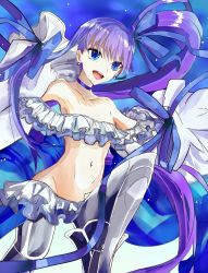 Rule 34 | 1girl, armor, artist request, bare shoulders, bikini, blue eyes, blue ribbon, breasts, choker, collarbone, earrings, fate/grand order, fate (series), frilled bikini, frills, greaves, hair ribbon, jewelry, knee up, long hair, long sleeves, looking at viewer, meltryllis, meltryllis (fate), meltryllis (swimsuit lancer) (fate), meltryllis (swimsuit lancer) (third ascension) (fate), nya-saka7337, open mouth, prosthesis, prosthetic leg, puffy sleeves, purple hair, ribbon, side ponytail, sleeves past fingers, sleeves past wrists, small breasts, smile, solo, swimsuit, thighs, very long hair, white bikini, white ribbon
