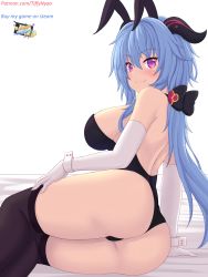 Rule 34 | 1girl, animal ears, ass, black leotard, black thighhighs, blue hair, blush, breasts, closed mouth, commentary, elbow gloves, fake animal ears, ganyu (genshin impact), genshin impact, gloves, goat horns, highres, horns, large breasts, leotard, long hair, looking at viewer, lying, nottytiffy, on side, playboy bunny, purple eyes, rabbit ears, simple background, smile, solo, thighhighs, thighs, white background, white gloves
