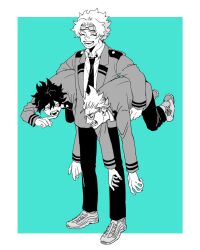 Rule 34 | 3boys, bandaid, bandaid on face, bandaid on nose, boku no hero academia, border, carrying, carrying person, closed eyes, collared shirt, eraser head (boku no hero academia), fingernails, glasses, goggles, goggles on head, grin, highres, jacket, long sleeves, loud cloud, male focus, messy hair, multiple boys, necktie, open mouth, pants, present mic, rnuyvm, school uniform, shirt, shoes, smile, sneakers, socks, teeth, u.a. school uniform