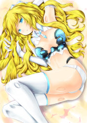 Rule 34 | 10s, 1girl, altrene, ass, blonde hair, blue eyes, blush, breasts, busou shinki, cleavage, cleavage cutout, clothing cutout, doll joints, elbow gloves, gloves, ruffling hair, highres, joints, large breasts, long hair, lying, midriff, necktie, on back, r0g0b0, solo, thighhighs
