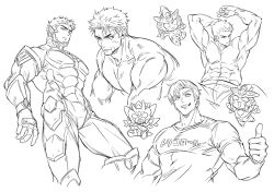 Rule 34 | 4boys, :3, abs, ao isami, arms up, bandaid, bandaid on face, bara, bravern, bruise, bruise on face, cafemoka-septro, chibi, cropped legs, cropped torso, facial hair, from below, greyscale, grin, highres, injury, large pectorals, lewis smith, looking at viewer, looking to the side, male focus, mecha, monochrome, multiple boys, muscular, muscular male, nipples, nude, pectorals, pilot suit, robot, shirt, short hair, sideburns stubble, smile, stubble, superbia (bravern), thumbs up, tight clothes, tight shirt, topless male, white background, yuuki bakuhatsu bang bravern