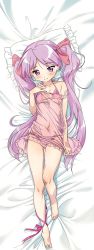 Rule 34 | 1girl, alternate costume, babydoll, barefoot, bed sheet, bikini, bikini under clothes, blush, bow, breasts, covered navel, dakimakura (medium), hair bow, halterneck, hand on own chest, highres, hiiragi kagami, hotaru iori, lingerie, long hair, looking at viewer, lucky star, lying, navel, on back, pillow, pink babydoll, pink bikini, pink bow, pink ribbon, purple eyes, purple hair, ribbon, side-tie bikini bottom, small breasts, smile, solo, string bikini, swimsuit, twintails, underwear, very long hair