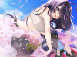 Rule 34 | 1girl, bare shoulders, black hair, blue eyes, blue sky, chest sarashi, cloud, commentary request, delinquent, highres, indie virtual youtuber, kson, looking at viewer, midriff, mole, mole under eye, motor vehicle, motorcycle, pants, petal print, print pants, sarashi, sky, solo, souchou, sukeban, virtual youtuber, yakuman (ykmn illust)
