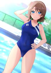 Rule 34 | 1girl, absurdres, armpits, bare shoulders, blue eyes, blue one-piece swimsuit, blush, breasts, brown hair, cameltoe, collarbone, commentary request, commission, competition swimsuit, covered navel, hand on own hip, highleg, highleg swimsuit, highres, kisaragi setsu (mssk8485), light blush, looking at viewer, love live!, love live! sunshine!!, medium breasts, navel, one-piece swimsuit, pixiv commission, pool, salute, short hair, smile, solo, swimsuit, watanabe you