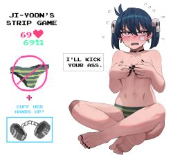 Rule 34 | 1girl, 69 (meme), bandaid, bandaid on cheek, bandaid on face, bandaid on knee, bandaid on leg, barefoot, black choker, black nails, blue hair, blush, breasts, choker, clip studio paint (medium), commentary, covering breasts, covering privates, crossed bandaids, crossed legs, earrings, embarrassed, english commentary, english text, feet, frown, full body, green panties, hair ornament, highres, jewelry, ji-yoon (jourd4n), jourd4n, looking at viewer, meme, nail polish, navel, nervous sweating, open mouth, original, panties, pink eyes, short hair, simple background, sitting, skull hair ornament, small breasts, soles, solo, striped clothes, striped panties, sweat, toenail polish, toenails, toes, topless, twintails, twitter strip game (meme), underwear, underwear only, v-shaped eyebrows, white background