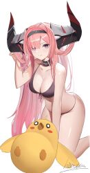 Rule 34 | 1girl, :q, absurdres, azur lane, bare arms, bare legs, bare shoulders, bikini, black bikini, black choker, black hairband, breasts, choker, cleavage, commentary request, hairband, hand up, heatia, highres, horns, kneeling, large breasts, long hair, looking at viewer, manjuu (azur lane), pink hair, prinz rupprecht (azur lane), purple eyes, simple background, smile, solo, stomach, swimsuit, thighs, tongue, tongue out, very long hair, white background