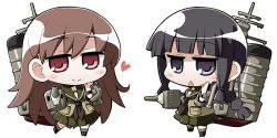 Rule 34 | 10s, 2girls, akaneya, bad id, bad pixiv id, black eyes, black hair, braid, brown hair, chibi, heart, kantai collection, kitakami (kancolle), long hair, looking at viewer, machinery, multiple girls, ooi (kancolle), personification, red eyes, smile, triangle mouth, turret