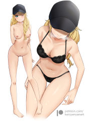 Rule 34 | 1girl, absurdres, arms behind back, barefoot, baseball cap, black headwear, black panties, blonde hair, blue eyes, bra, braid, breasts, breasts apart, breath, cleavage, collarbone, completely nude, female focus, female pubic hair, from above, full body, gluteal fold, hair over shoulder, hat, highres, keicyanyan, lace, lace bra, lace panties, long hair, looking at viewer, medium breasts, midriff, multiple views, navel, nipples, nude, one eye closed, panties, paripi koumei, patreon username, projected inset, pubic hair, pussy, simple background, smile, standing, thigh gap, thighs, tsukimi eiko, underwear, white background