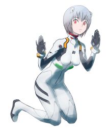 Rule 34 | 1girl, against glass, ayanami rei, bad id, bad pixiv id, blue hair, bodysuit, breasts, female focus, full body, glass, highres, jpy, neon genesis evangelion, plugsuit, red eyes, simple background, skin tight, solo, white background