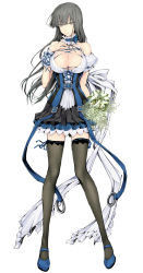 Rule 34 | 1girl, black hair, black skirt, black thighhighs, blue footwear, blue ribbon, blue skirt, blunt bangs, bouquet, breasts, brown eyes, buckle, cleavage, collarbone, corset, cross-laced clothes, detached sleeves, eyebrows, finger to mouth, flower, full body, hand on own chest, holding, holding flower, index finger raised, kizuki aruchu, large breasts, layered skirt, light smile, long hair, looking at viewer, miniskirt, multicolored clothes, multicolored skirt, original, parted lips, puffy short sleeves, puffy sleeves, ribbon, ribbon-trimmed legwear, ribbon trim, shoes, short sleeves, simple background, skindentation, skirt, solo, standing, thighhighs, thighs, underbust, white background, wrist cuffs, zettai ryouiki