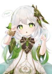 1girl :o absurdres bare_shoulders bracelet cape clenched_hands commentary detached_sleeves dress english_text gem genshin_impact gold_trim gradient_hair green_cape green_eyes green_gemstone green_hair green_sleeves hair_ornament hands_up highres iroha_(mimi0618xx) jewelry leaf_hair_ornament light_blush looking_at_viewer multicolored_hair nahida_(genshin_impact) pointy_ears sleeveless sleeveless_dress solo speech_bubble star-shaped_pupils star_(symbol) symbol-shaped_pupils upper_body white_background white_dress white_hair