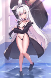 Rule 34 | 1girl, @ @, bikini, black bikini, black choker, black eyes, black footwear, black jacket, blue archive, blue sky, blush, braid, breasts, choker, closed mouth, cloud, collarbone, hair between eyes, highres, holding, holding umbrella, jacket, loafers, long hair, long sleeves, looking at viewer, nose blush, open clothes, open jacket, plana (blue archive), shallow water, shoes, single braid, sky, small breasts, solo, standing, standing on one leg, swimsuit, umbrella, uneg, very long hair, wading, water, white hair