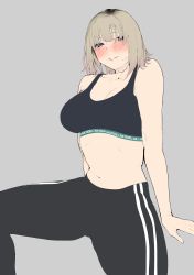 Rule 34 | 1girl, absurdres, arm support, bare shoulders, black hair, blue eyes, blush, brown hair, flat color, gradient hair, grey background, hatching (texture), highres, invisible chair, kizukisai, light brown hair, looking at viewer, multicolored hair, navel, original, pants, parted lips, pink hair, pink lips, short hair, simple background, sitting, solo, sports bra, spread legs, sweat, sweatpants
