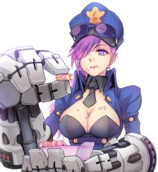 Rule 34 | 1girl, amado (shin), bad id, bad twitter id, breasts, cleavage, crumbs, doughnut, eating, eyewear on head, female focus, food, gauntlets, hair over one eye, hat, large breasts, league of legends, messy, necktie, officer vi, pink hair, police, police uniform, policewoman, simple background, solo, sunglasses, uniform, vi (league of legends)
